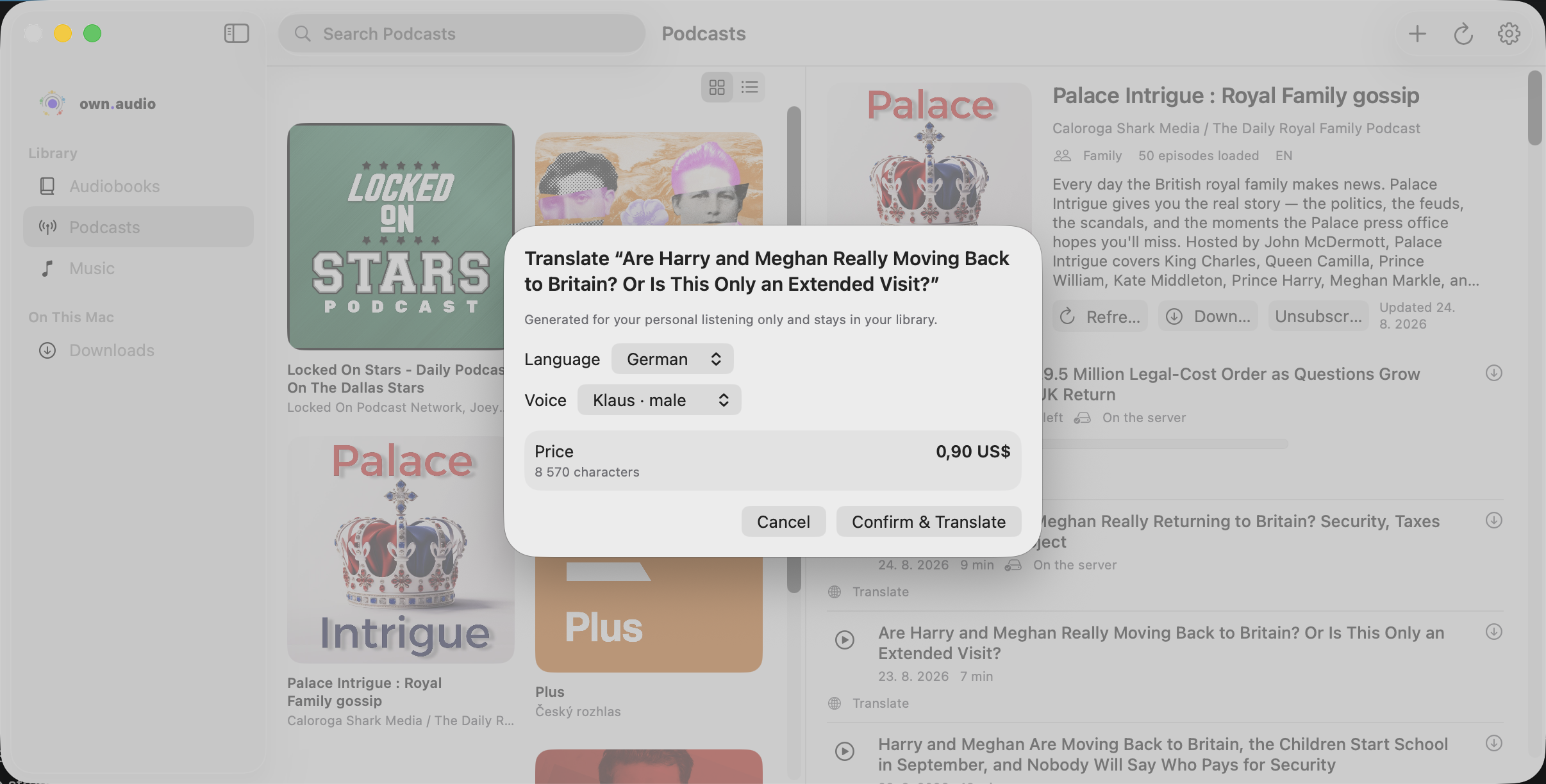 Translating a podcast episode in own.audio