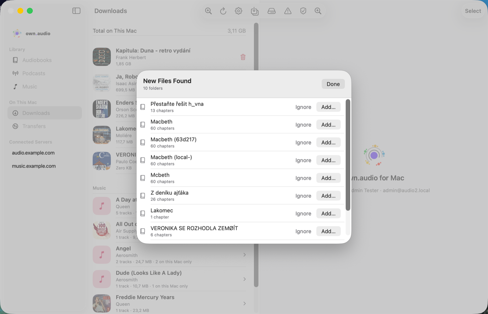 The New Files Found sheet in the own.audio Mac app, listing ten folders of unrecognised audio with chapter counts, each row offering Ignore and Add buttons.