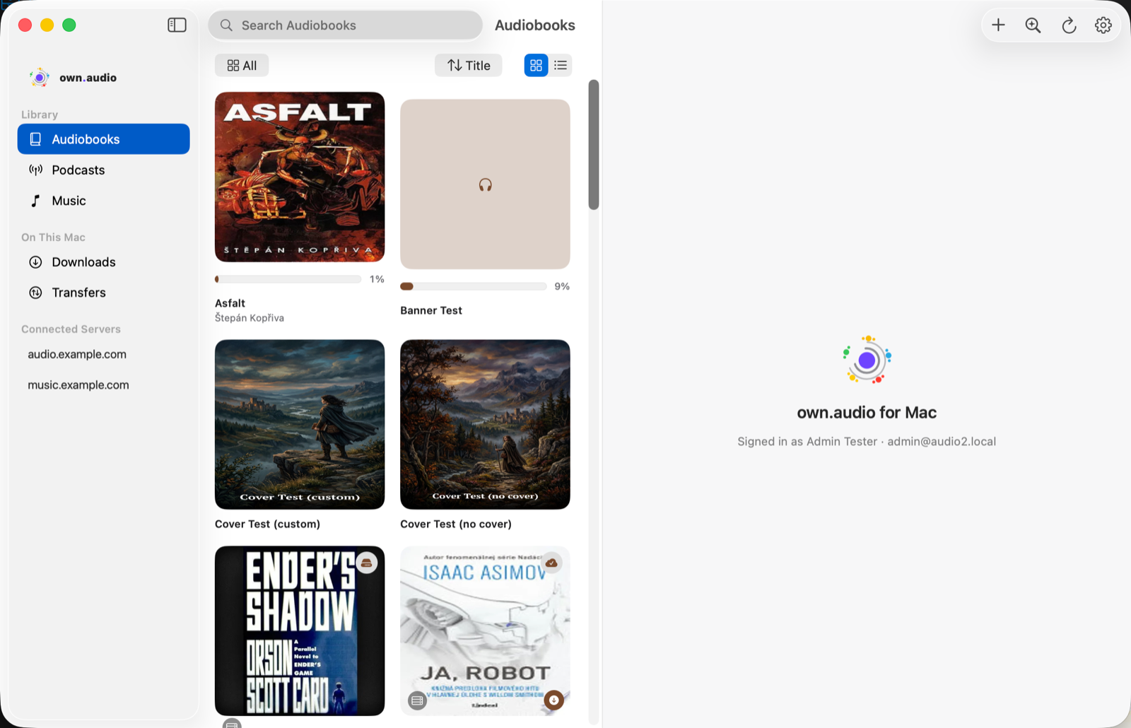 The Audiobooks section of the own.audio Mac app, showing a grid of book covers with progress bars, a search field, a filter and sort control, and a grid-or-list toggle.