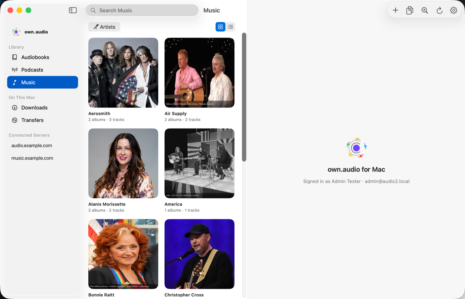 The Music section of the own.audio Mac app in Artists view, showing artist images in a grid with album and track counts.