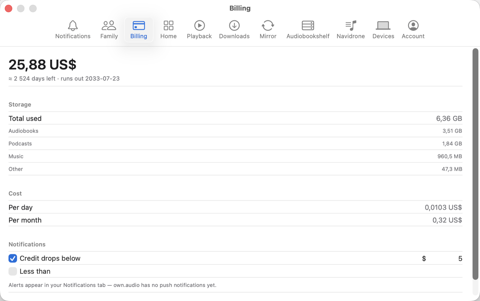 The Billing tab in own.audio Settings, showing a credit balance with days remaining, a storage breakdown by audiobooks, podcasts, music and other, cost per day and per month, and a low-credit notification setting.